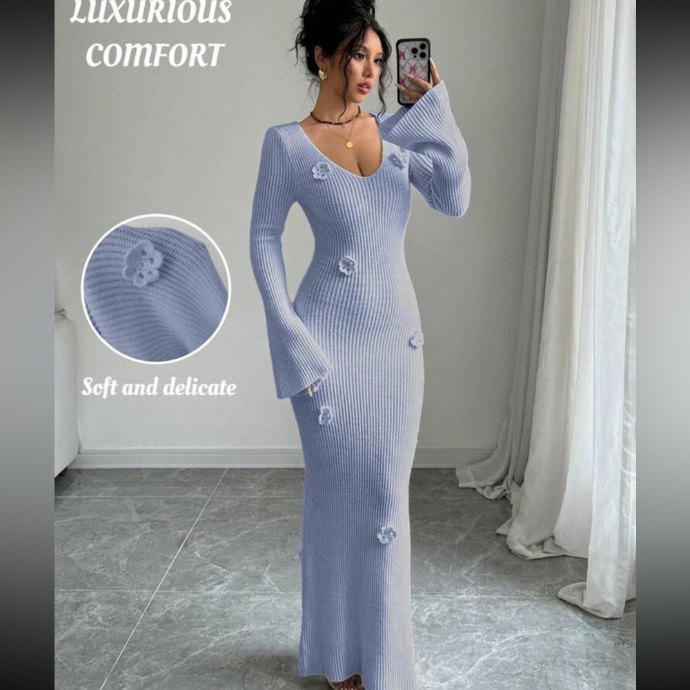 Shein elenzga women 3d floral decor long sleeve warm dress